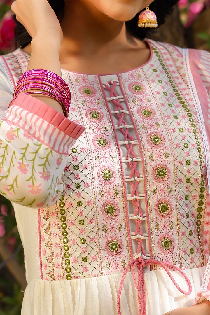 White & Pink Embroidered Anarkali Set by Zolo Label at Pernia's Pop Up Shop