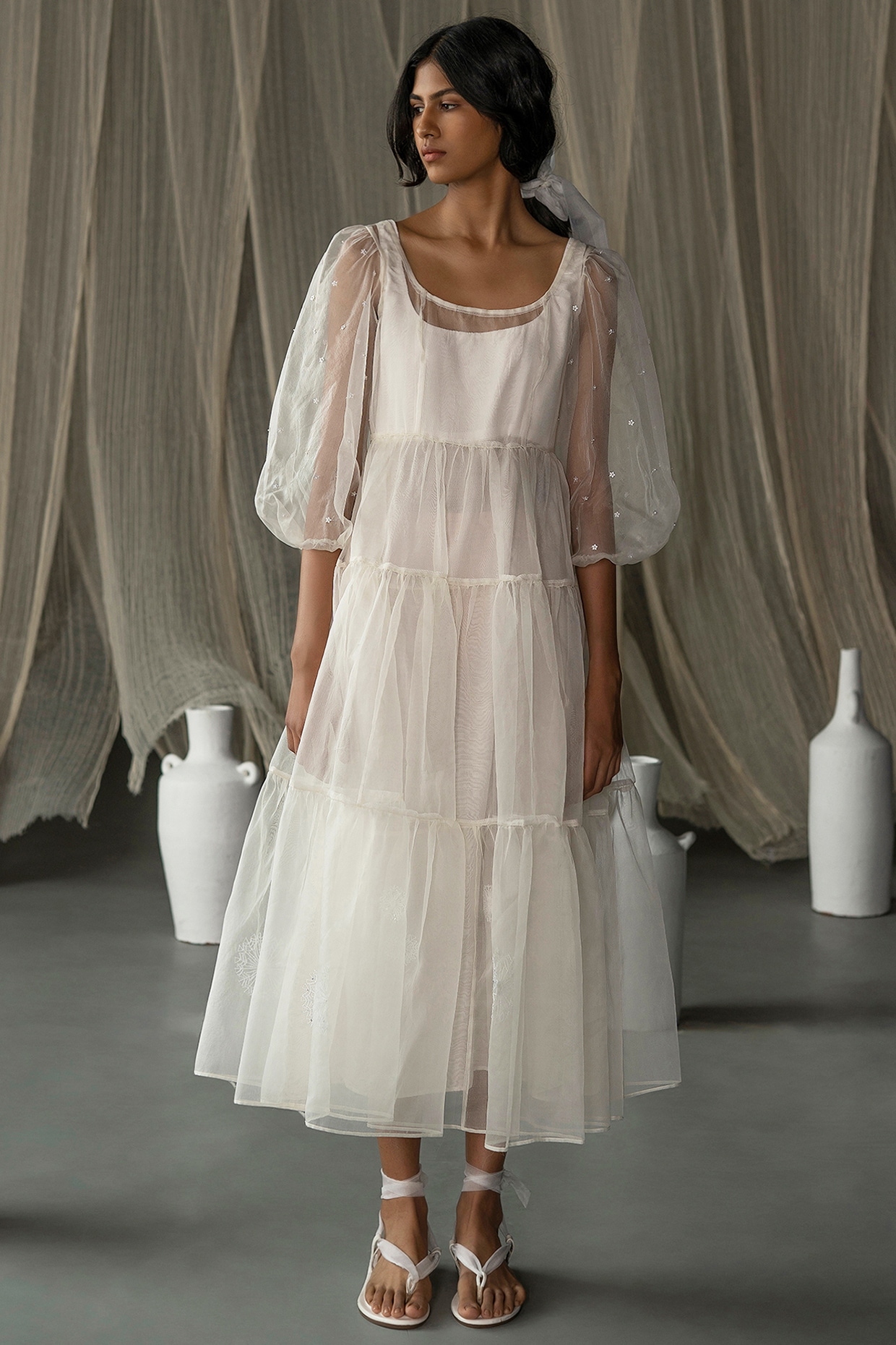Off-White Hand Embroidered Tiered Dress With Slip by Zoon