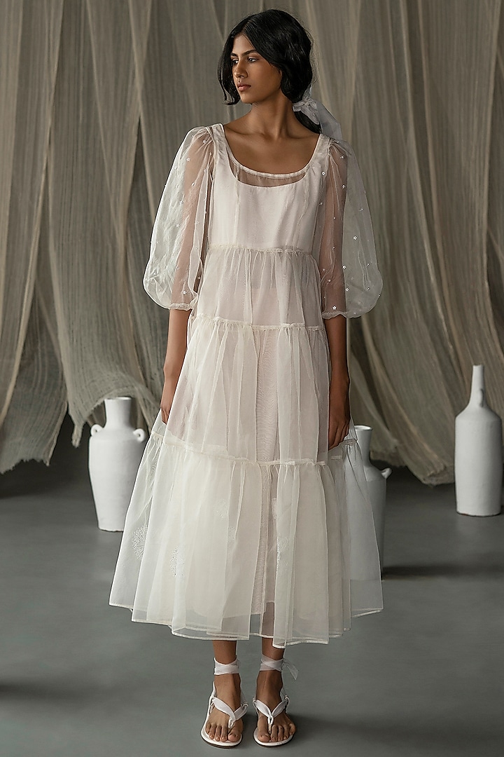 Off-White Hand Embroidered Tiered Dress With Slip by Zoon Tribe