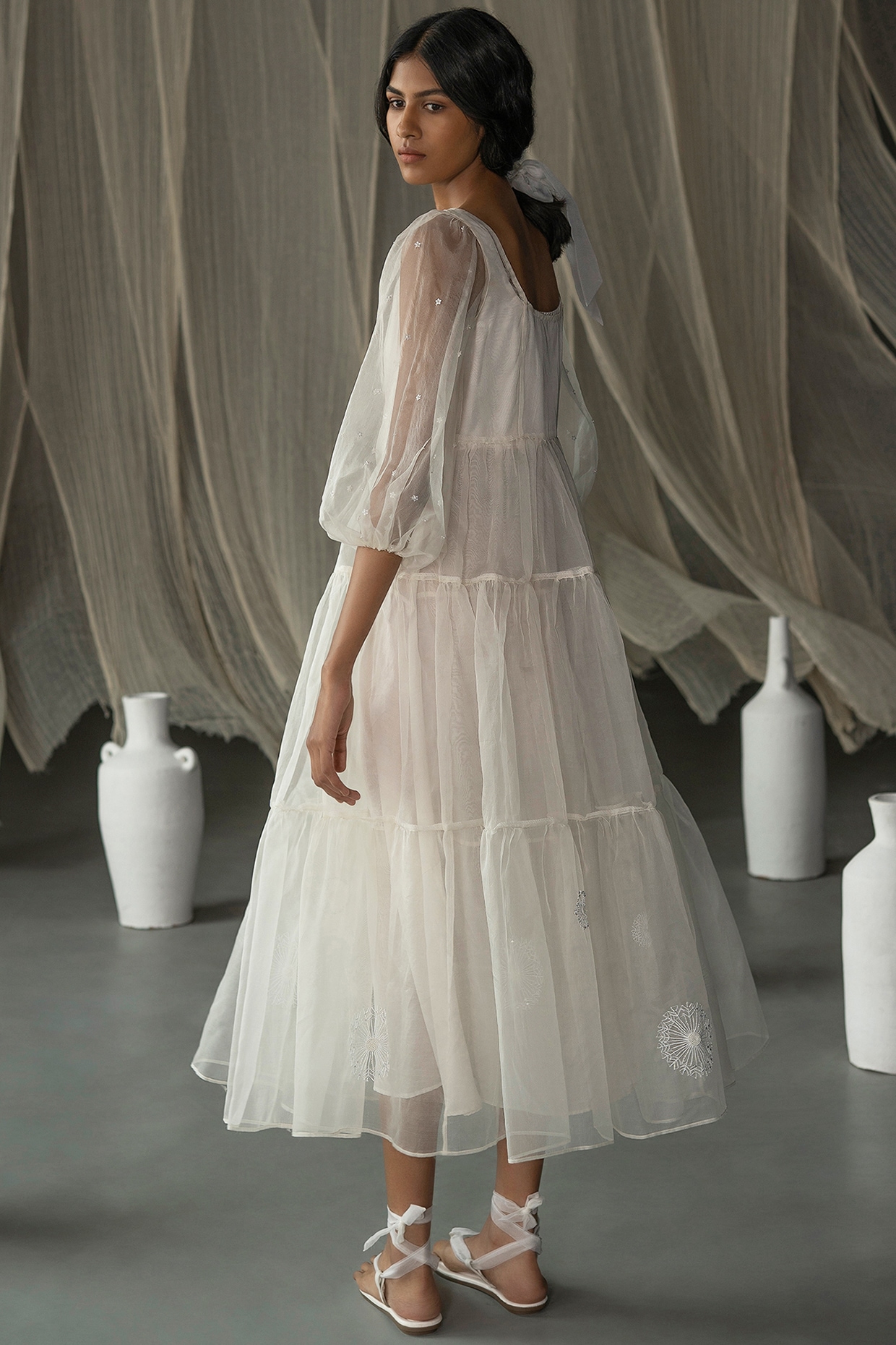 Off-White Hand Embroidered Tiered Dress With Slip by Zoon Tribe at