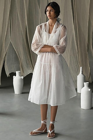 Off-White Pure Chanderi Hand Embroidered Jacket Dress by Zoon Tribe