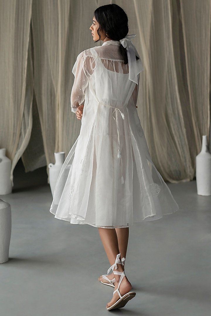 Off-White Pure Chanderi Hand Embroidered Jacket Vacation Dress by Zoon Tribe at Pernia's Pop Up Shop