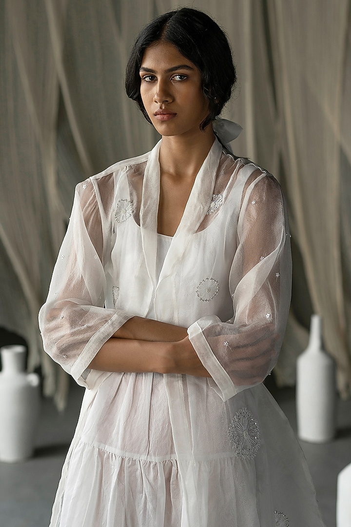 Off-White Pure Chanderi Hand Embroidered Jacket Vacation Dress by Zoon Tribe at Pernia's Pop Up Shop