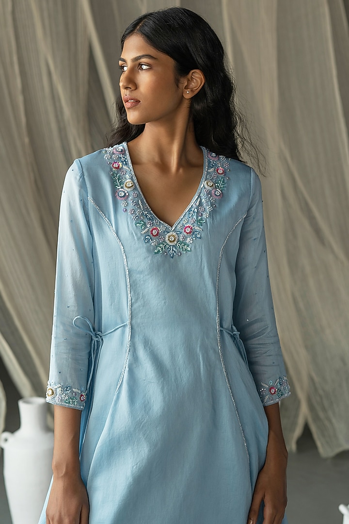 Powder Blue Hand Embroidered Kurta Set by Zoon Tribe at Pernia's Pop Up Shop