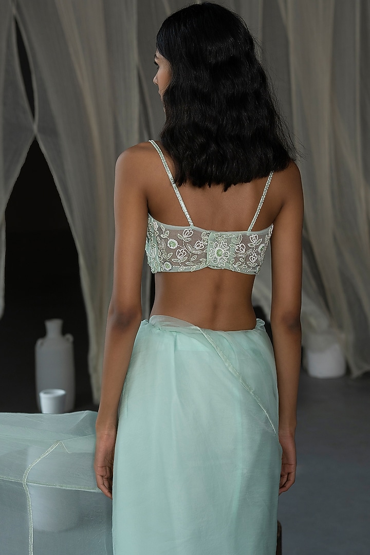 Mint Green Hand Embroidered Wedding Saree Set by Zoon Tribe at Pernia's Pop Up Shop