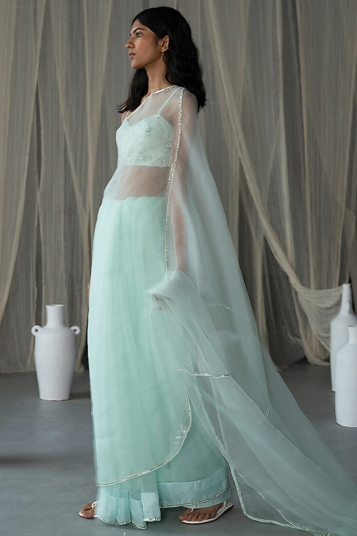 Mint Green Hand Embroidered Wedding Saree Set by Zoon Tribe at Pernia's Pop Up Shop
