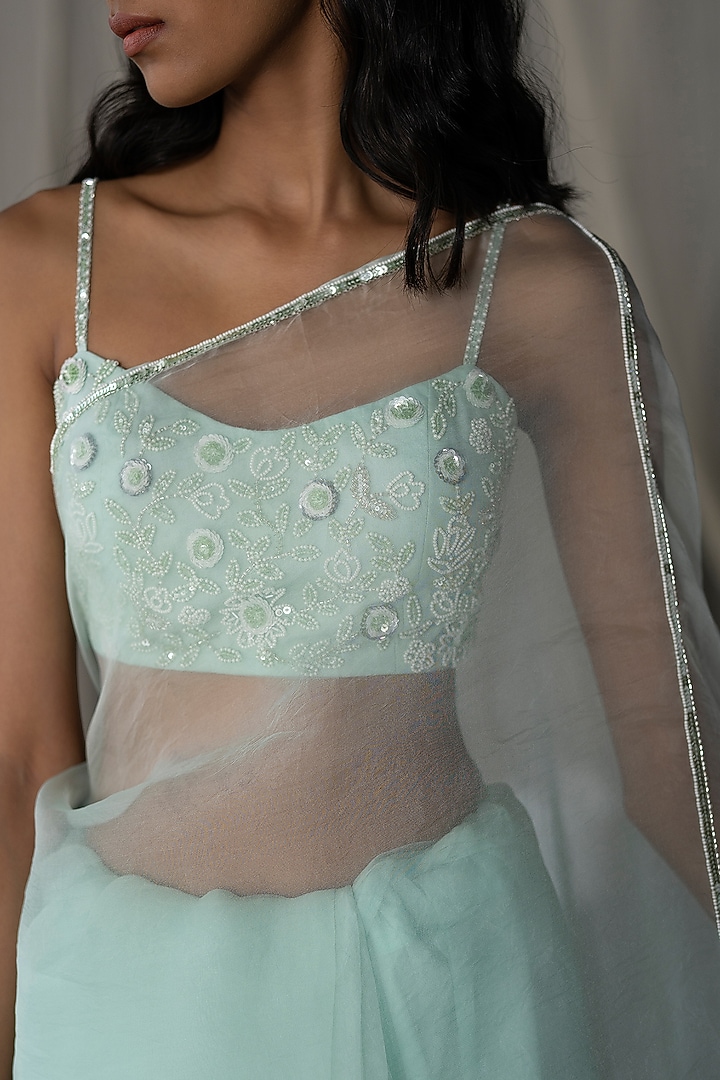 Mint Green Hand Embroidered Wedding Saree Set by Zoon Tribe at Pernia's Pop Up Shop