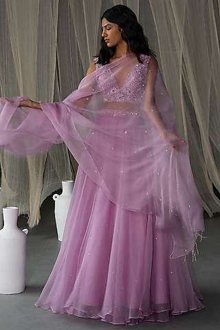 Lilac Hand Embroidered Skirt Set by Zoon Tribe