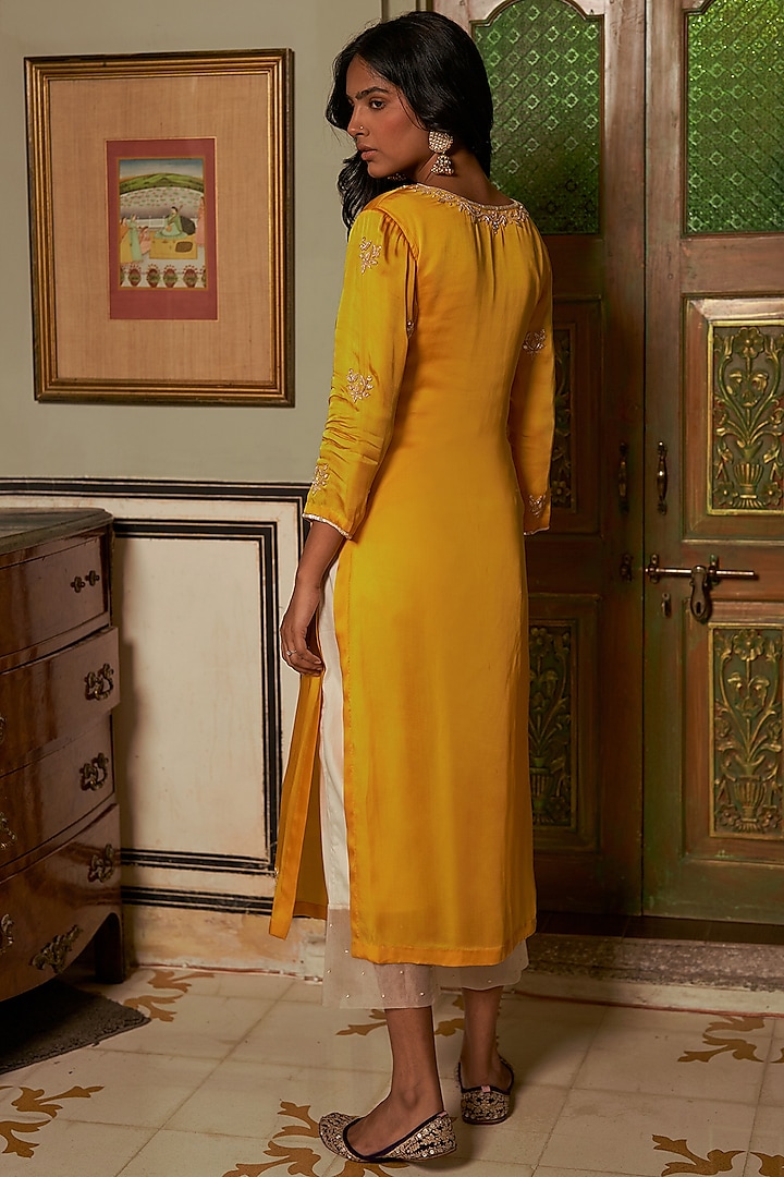 Mustard Yellow Satin Hand Embroidered Kurta Set by Zoon Tribe at Pernia's Pop Up Shop