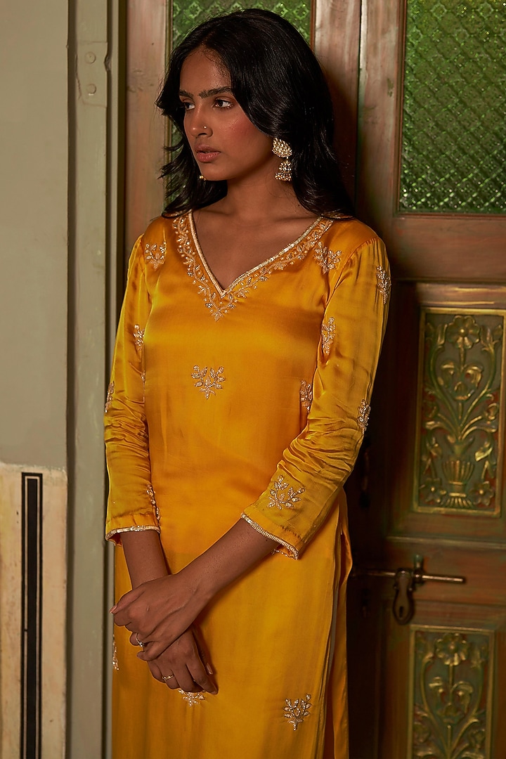 Mustard Yellow Satin Hand Embroidered Kurta Set by Zoon Tribe at Pernia's Pop Up Shop