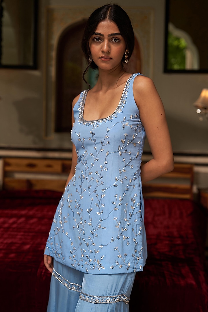 Ice Blue Flat Chiffon Wedding Sharara Set by Zoon Tribe at Pernia's Pop Up Shop