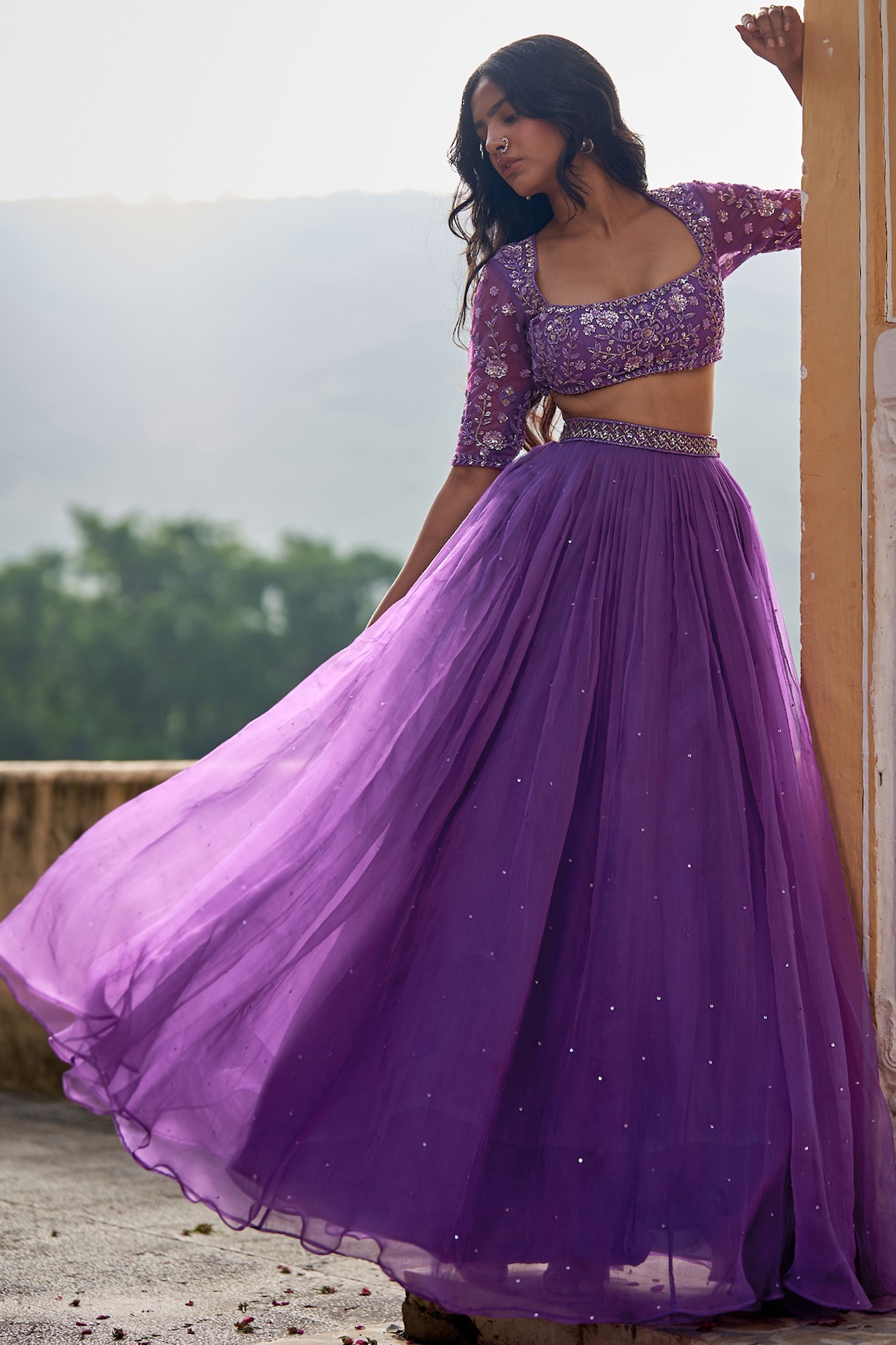 Hand-Embroidered Pure Silk-Organza Sinduri-Red Lehenga-Set