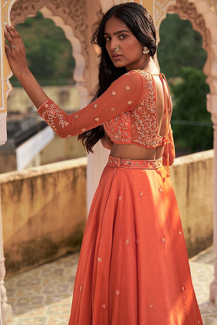 Orange Satin Organza Wedding Lehenga Set by Zoon Tribe at Pernia's Pop Up Shop