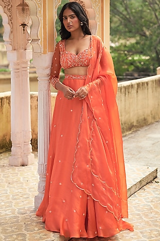 Orange Satin Organza Lehenga Set by Zoon Tribe