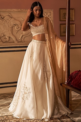 Ivory Satin Organza Lehenga Set by Zoon Tribe