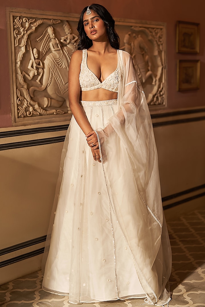 Off-White Silk Organza Embroidered Wedding Lehenga Set by Zoon Tribe at Pernia's Pop Up Shop