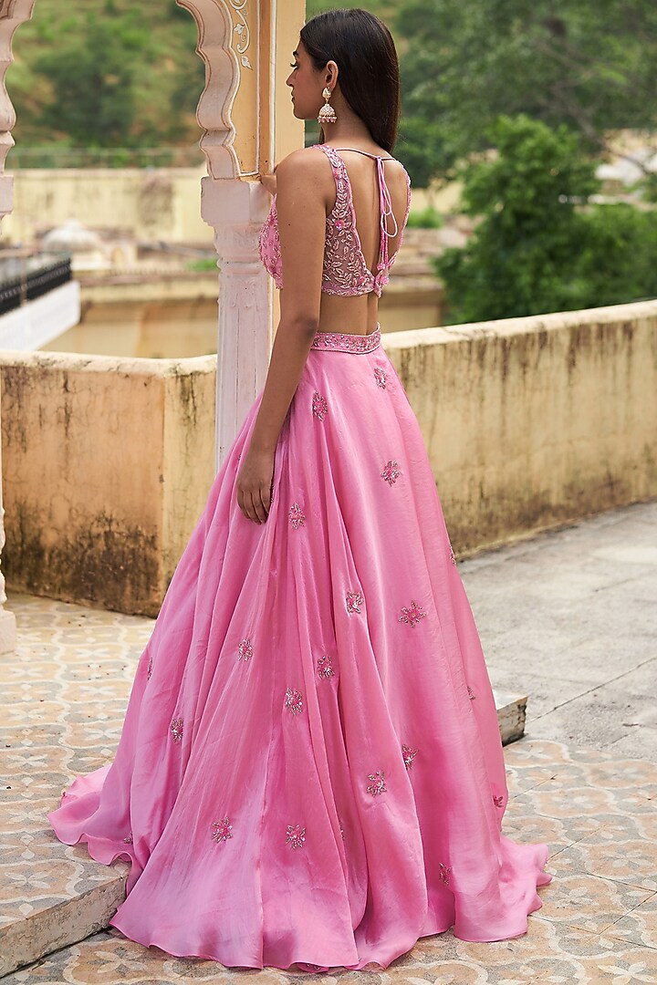 Pink Satin Organza Embroidered Wedding Lehenga Set by Zoon Tribe at Pernia's Pop Up Shop
