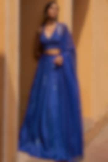 Blue Satin Organza Embroidered Lehenga Set by Zoon Tribe
