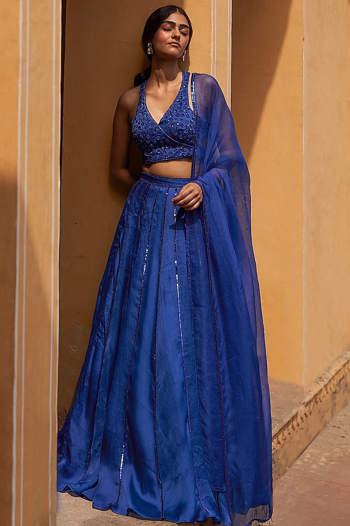 Blue Satin Organza Embroidered Wedding Lehenga Set by Zoon Tribe at Pernia's Pop Up Shop