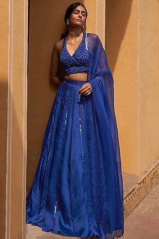 Blue Satin Organza Embroidered Lehenga Set by Zoon Tribe
