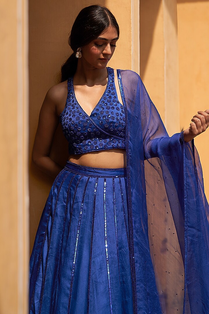 Blue Satin Organza Embroidered Wedding Lehenga Set by Zoon Tribe at Pernia's Pop Up Shop