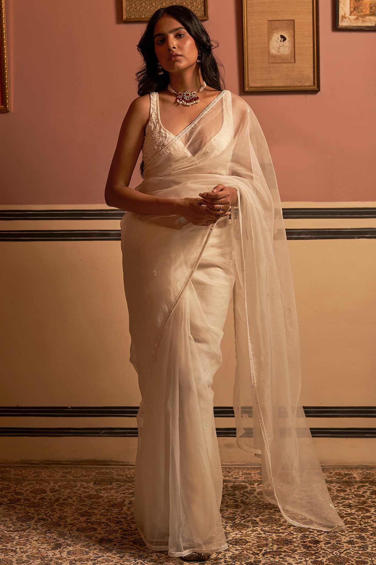 Ivory Foiled Organza Saree Set | Nidhi Halani