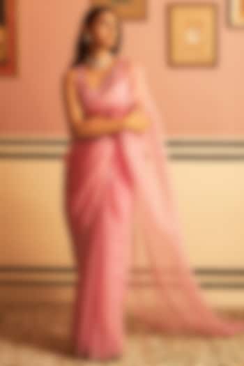 Pink Organza Silk Embroidered Wedding Saree Set by Zoon Tribe at Pernia's Pop Up Shop