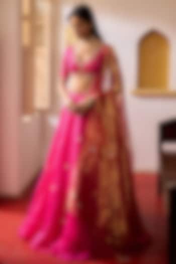 Rani Pink Pure Silk Organza Hand Embroidered  dulhan bday 22 may Lehenga Set by Zoon Tribe at Pernia's Pop Up Shop