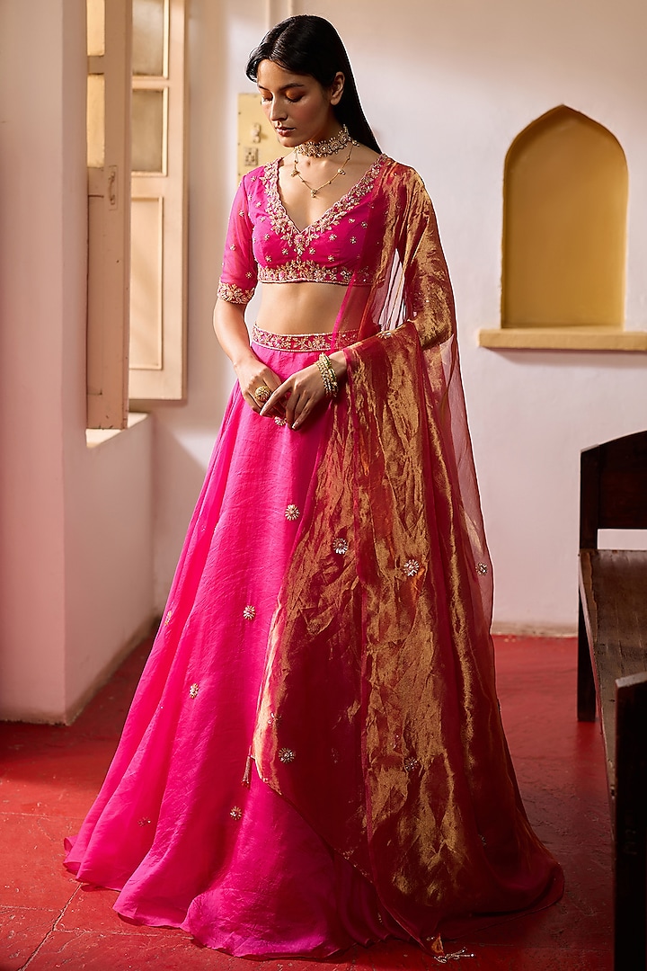 Rani Pink Pure Silk Organza Hand Embroidered  dulhan bday 22 may Lehenga Set by Zoon Tribe at Pernia's Pop Up Shop