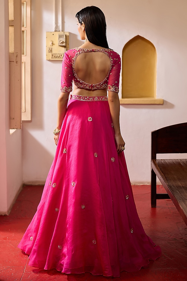 Rani Pink Pure Silk Organza Hand Embroidered Wedding Lehenga Set by Zoon Tribe at Pernia's Pop Up Shop