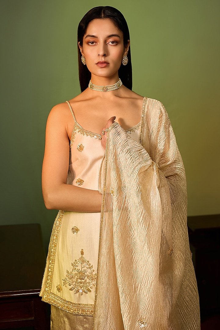 Custard Colored Metallic Satin Wedding Sharara Set by Zoon Tribe at Pernia's Pop Up Shop