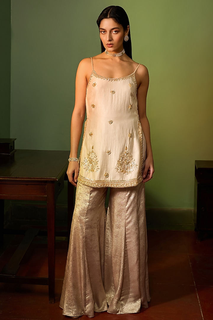 Custard Colored Metallic Satin Wedding Sharara Set by Zoon Tribe at Pernia's Pop Up Shop