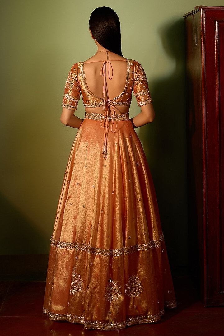 Orange Dual Tone Tissue Hand Embroidered Wedding Lehenga Set by Zoon Tribe at Pernia's Pop Up Shop