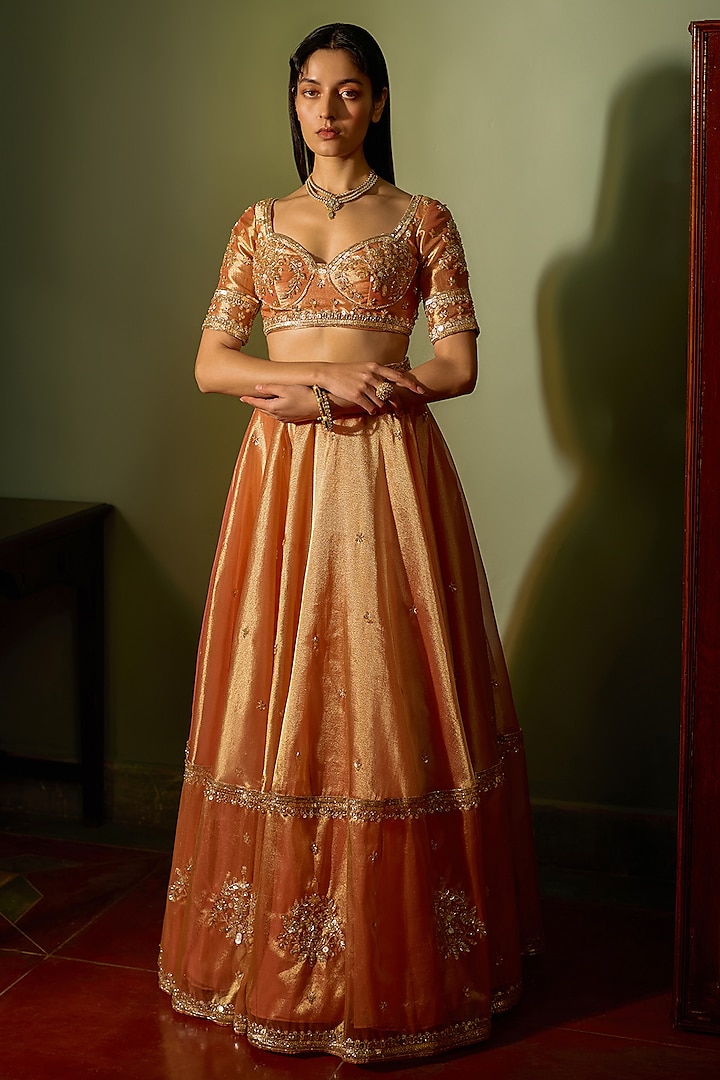 Orange Dual Tone Tissue Hand Embroidered Wedding Lehenga Set by Zoon Tribe at Pernia's Pop Up Shop