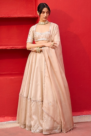 White-Gold Tissue Hand Embroidered Lehenga Set by Zoon Tribe