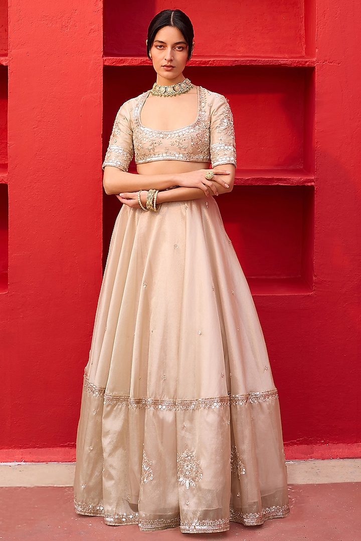 White-Gold Tissue Hand Embroidered Wedding Lehenga Set by Zoon Tribe at Pernia's Pop Up Shop