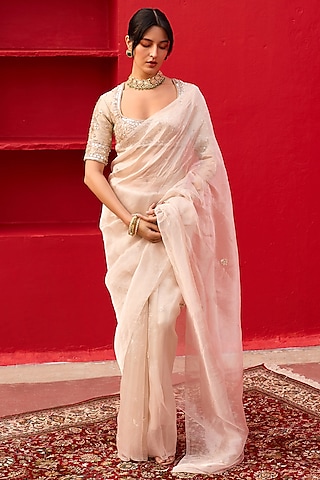White-Gold Pure Tissue Hand Embroidered Saree Set by Zoon Tribe