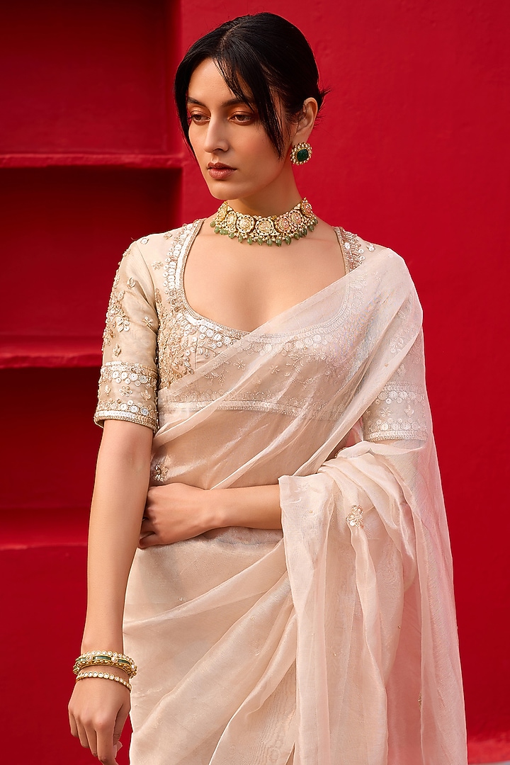White-Gold Pure Tissue Hand Embroidered Wedding Saree Set by Zoon Tribe at Pernia's Pop Up Shop