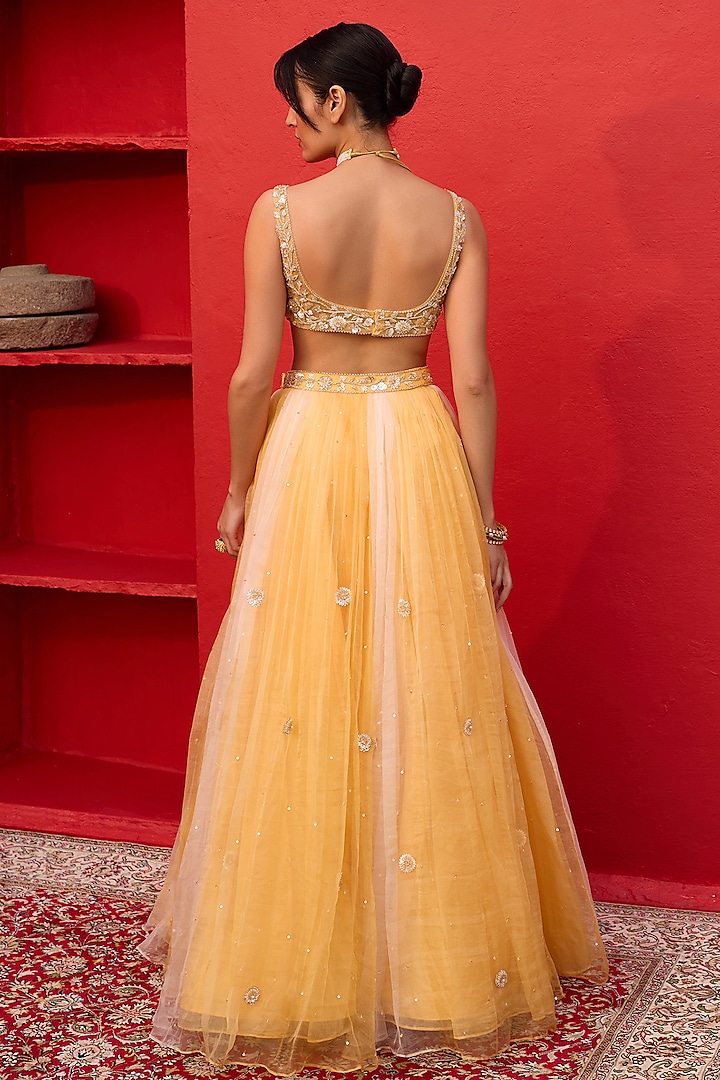 Yellow Ombre Silk Organza Hand Embroidered Wedding Lehenga Set by Zoon Tribe at Pernia's Pop Up Shop