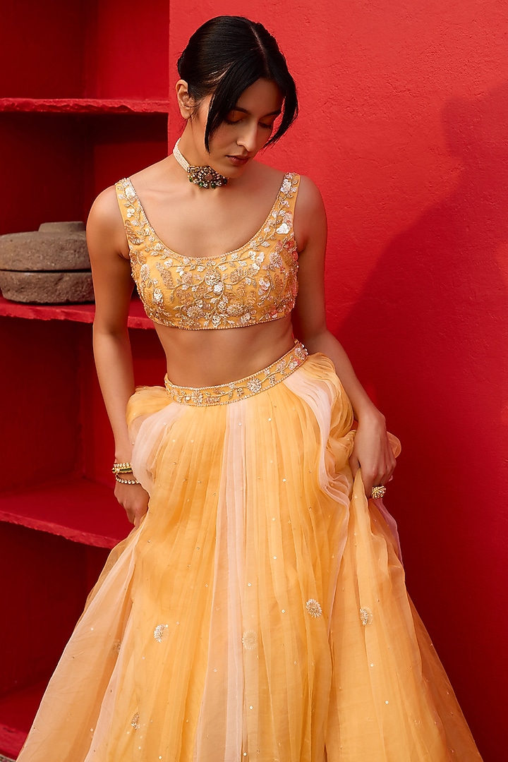 Yellow Ombre Silk Organza Hand Embroidered Wedding Lehenga Set by Zoon Tribe at Pernia's Pop Up Shop
