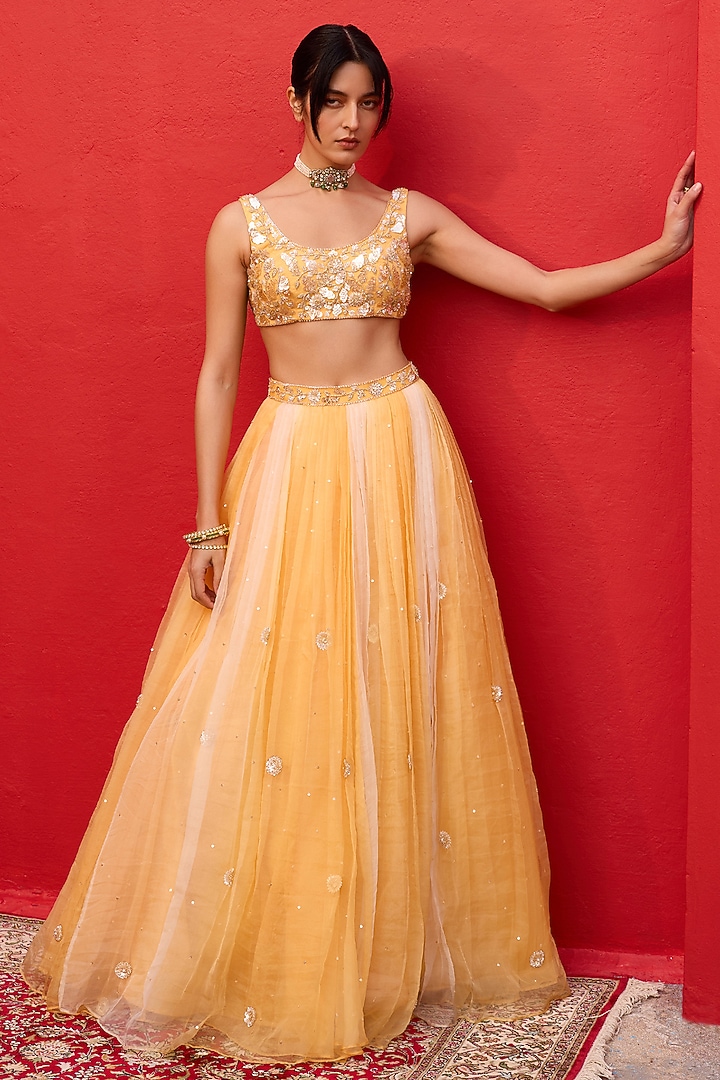 Yellow Ombre Silk Organza Hand Embroidered Wedding Lehenga Set by Zoon Tribe at Pernia's Pop Up Shop