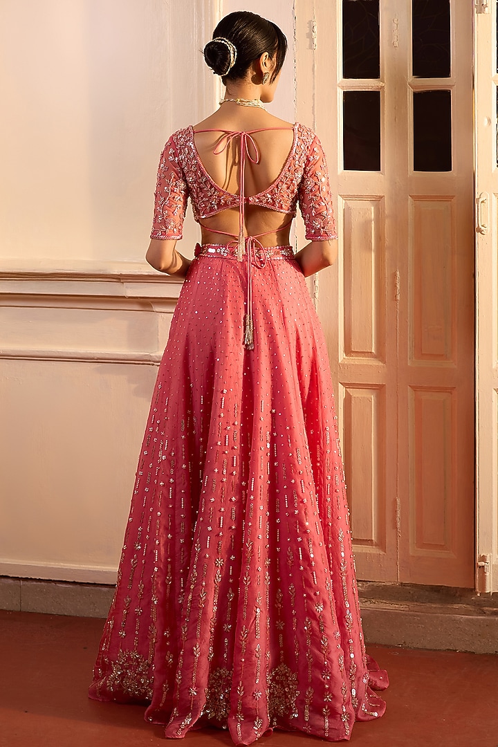 Rouge Pink Organza Hand Embroidered Wedding Lehenga Set by Zoon Tribe at Pernia's Pop Up Shop