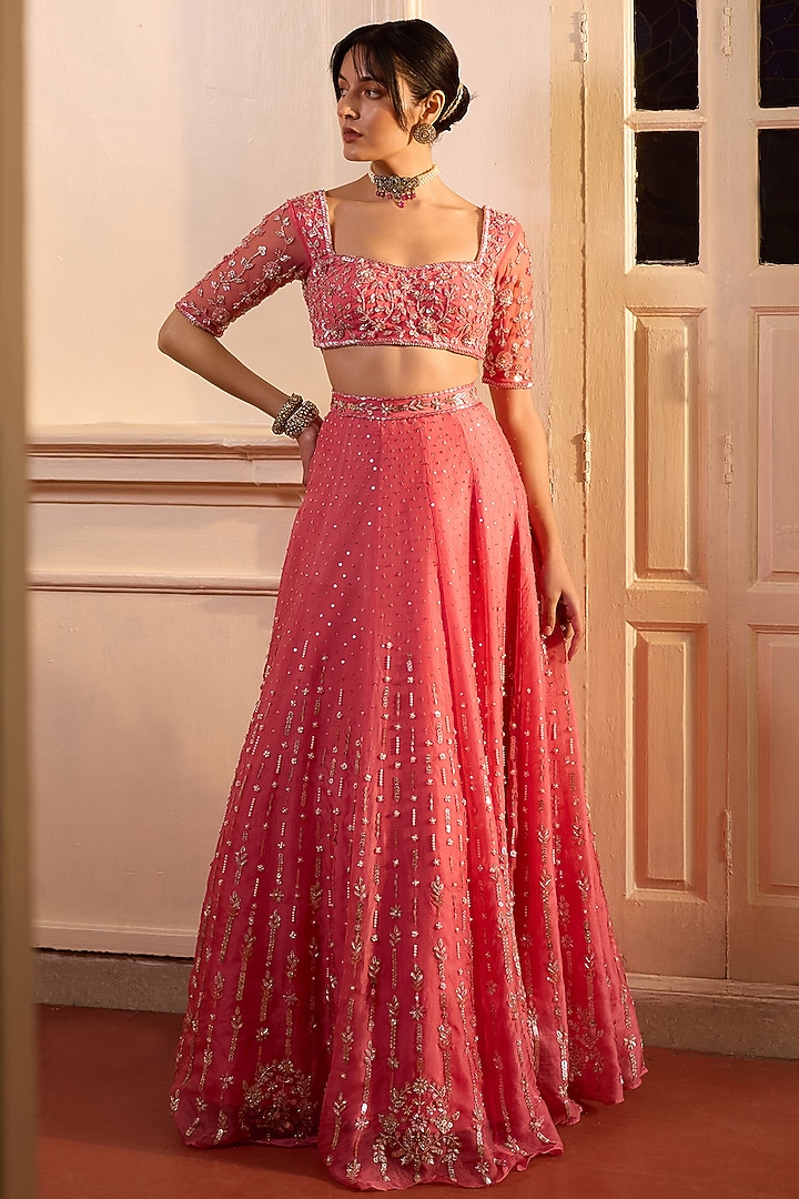 Rouge Pink Organza Hand Embroidered Wedding Lehenga Set by Zoon Tribe at Pernia's Pop Up Shop
