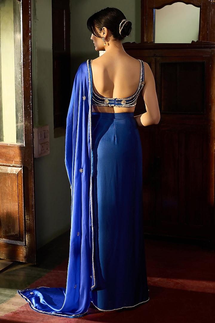 Cobalt Blue Satin Hand Embroidered Pre-Stitched Wedding Saree Set by Zoon Tribe at Pernia's Pop Up Shop