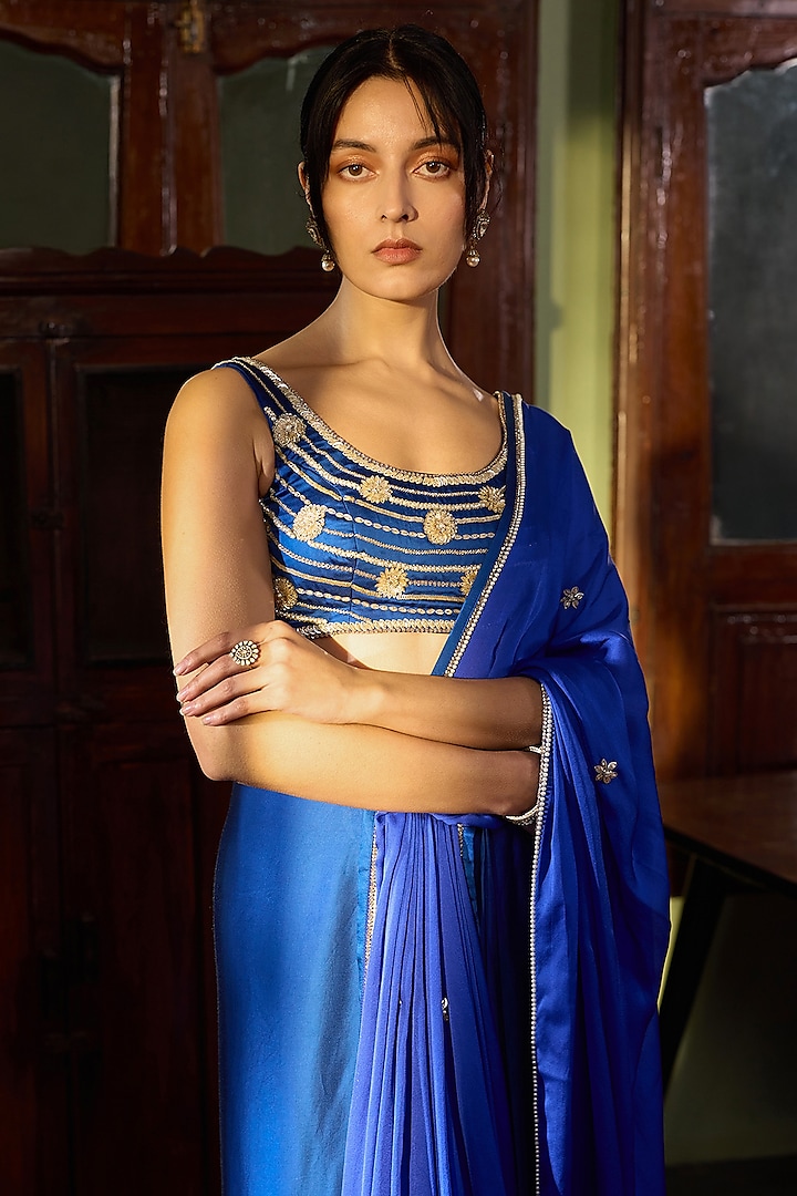 Cobalt Blue Satin Hand Embroidered Pre-Stitched Wedding Saree Set by Zoon Tribe at Pernia's Pop Up Shop