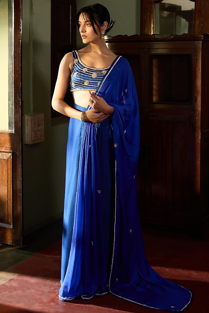 Cobalt Blue Satin Hand Embroidered Pre-Stitched Wedding Saree Set by Zoon Tribe at Pernia's Pop Up Shop