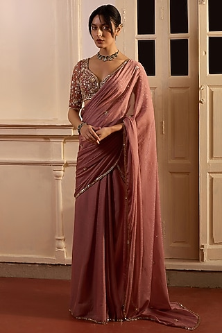 Dusty Onion Pink Georgette Hand Embroidered Pre-Stitched Saree Set by Zoon Tribe