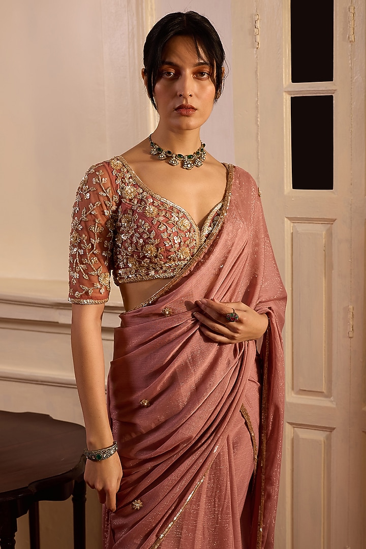 Dusty Onion Pink Georgette Hand Embroidered Pre-Stitched Wedding Saree Set by Zoon Tribe at Pernia's Pop Up Shop