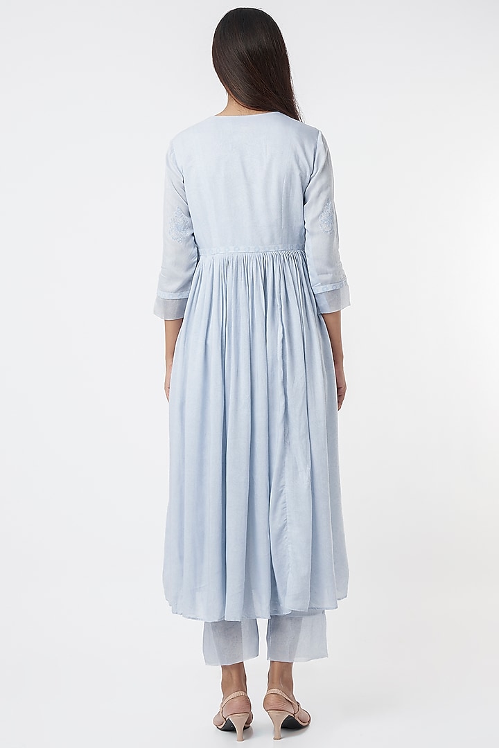 Powder Blue Hand Block Printed Kurta Set by Zoon Tribe at Pernia's Pop Up Shop