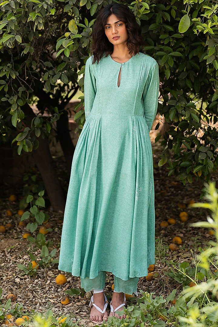 Powder Green Hand Block Printed Kurta Set by Zoon Tribe at Pernia's Pop Up Shop